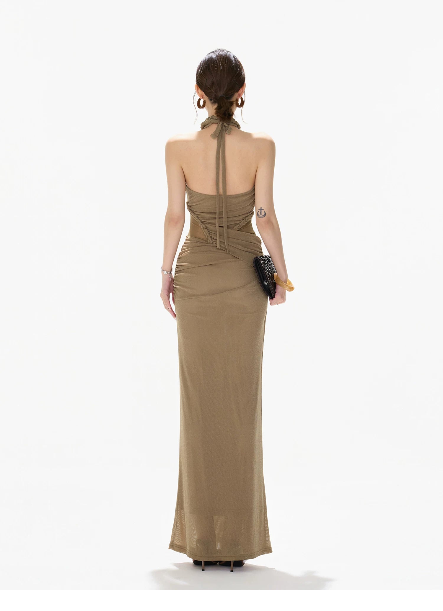Elegant Ruched Mesh Halter Evening Dress