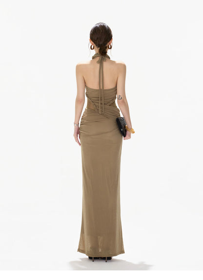 Elegant Ruched Mesh Halter Evening Dress