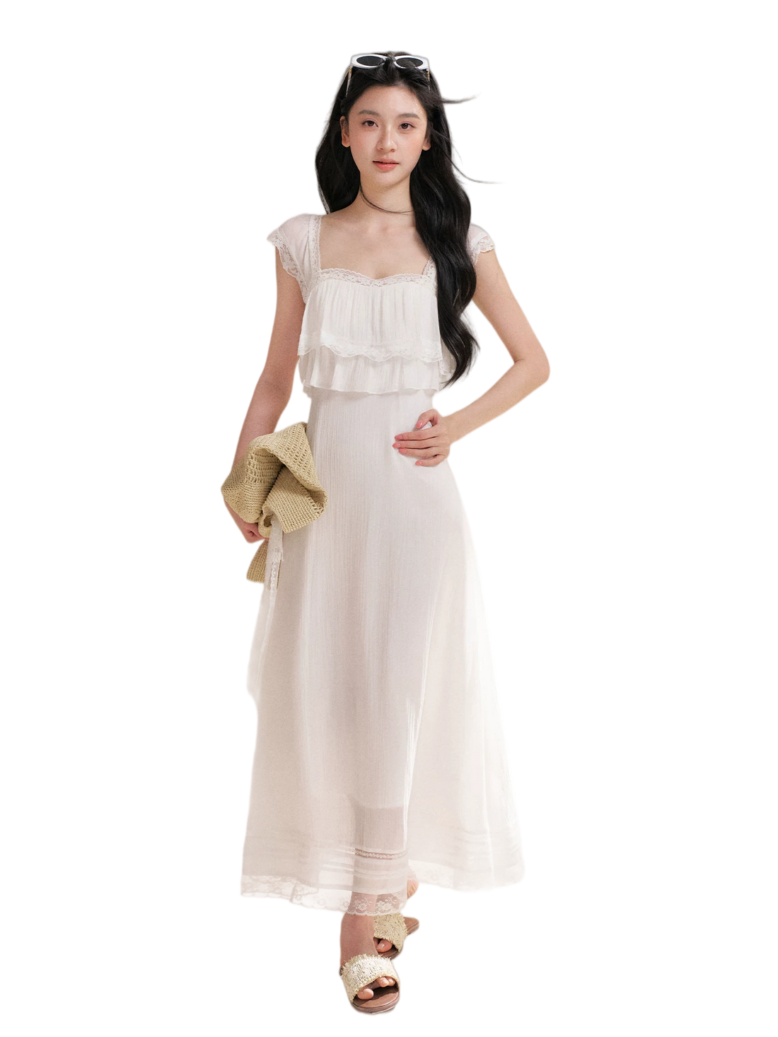 Lace Ruffle Waist Long Dress