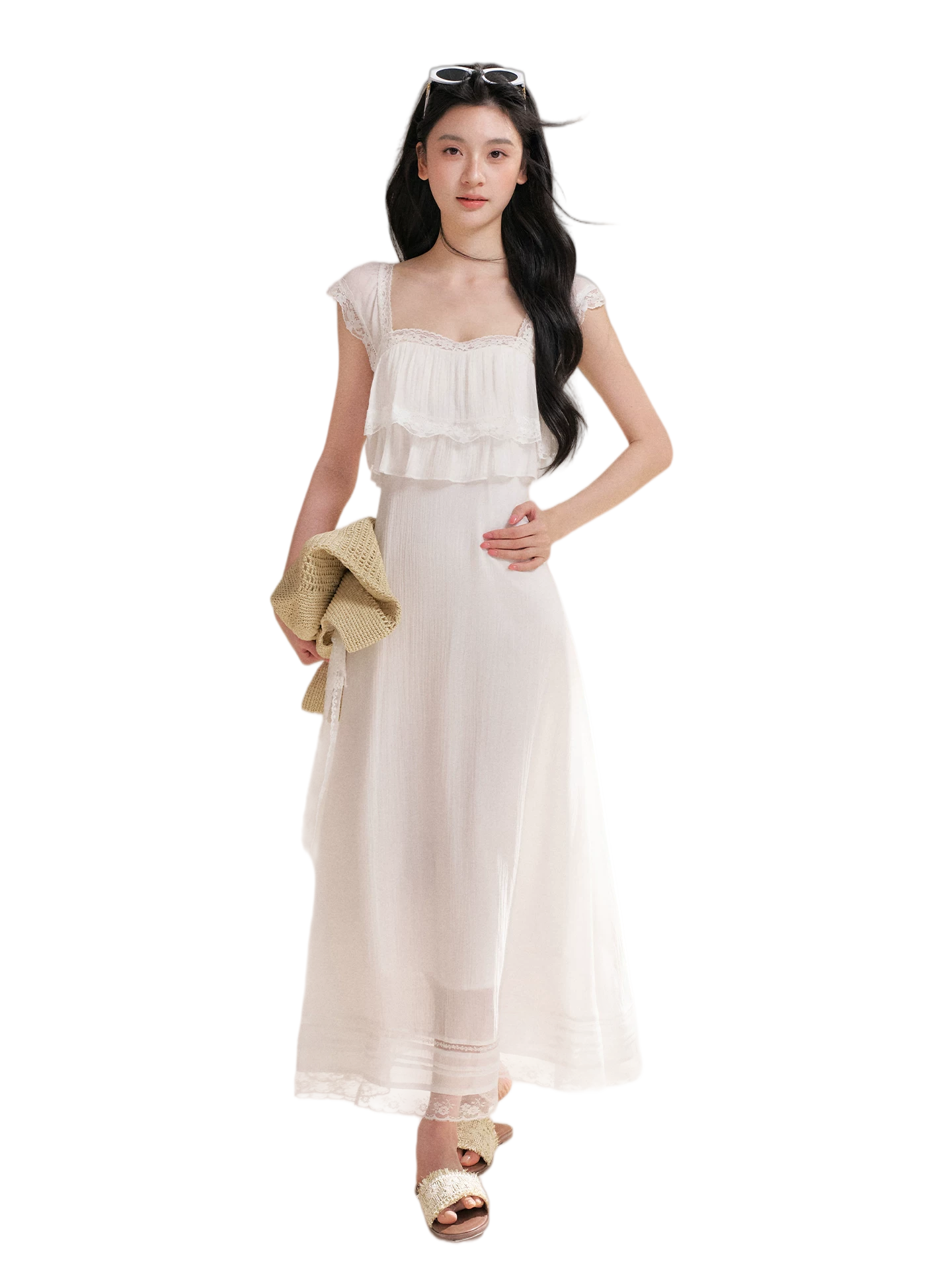 Lace Ruffle Waist Long Dress