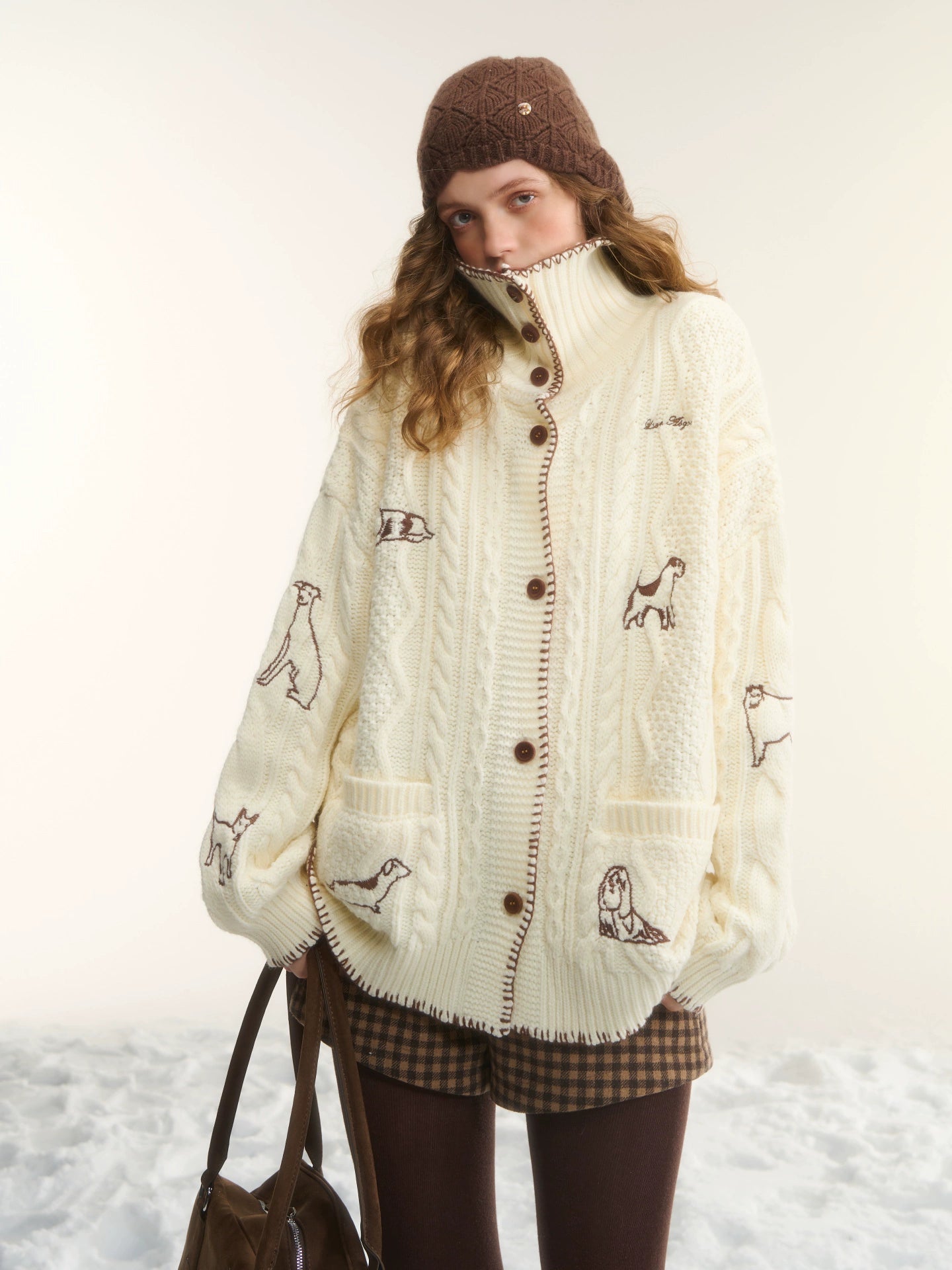 Cable-Knit Stand-Collar Cardigan