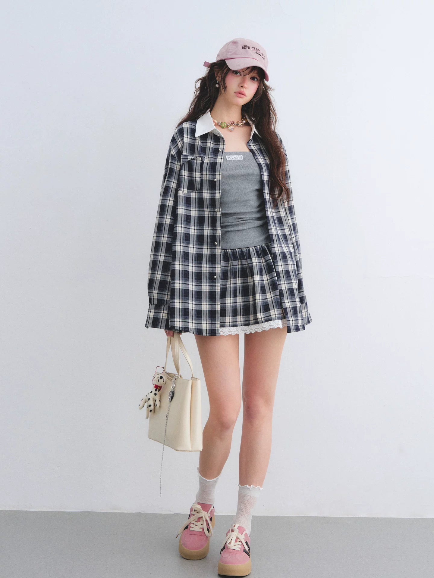 Ruched Plaid Lace Corset Dress & Shirt Two-Piece Set Dresses (Pre-sale) / L