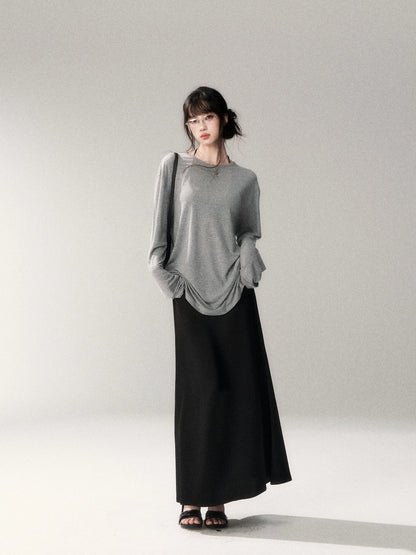 French Satin Acetate A-Line Midi Skirt
