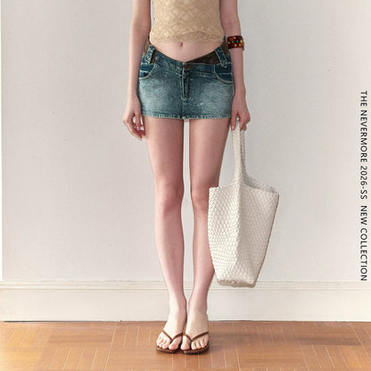 Vintage Washed V-Waist Denim Mini Skirt NeverMore