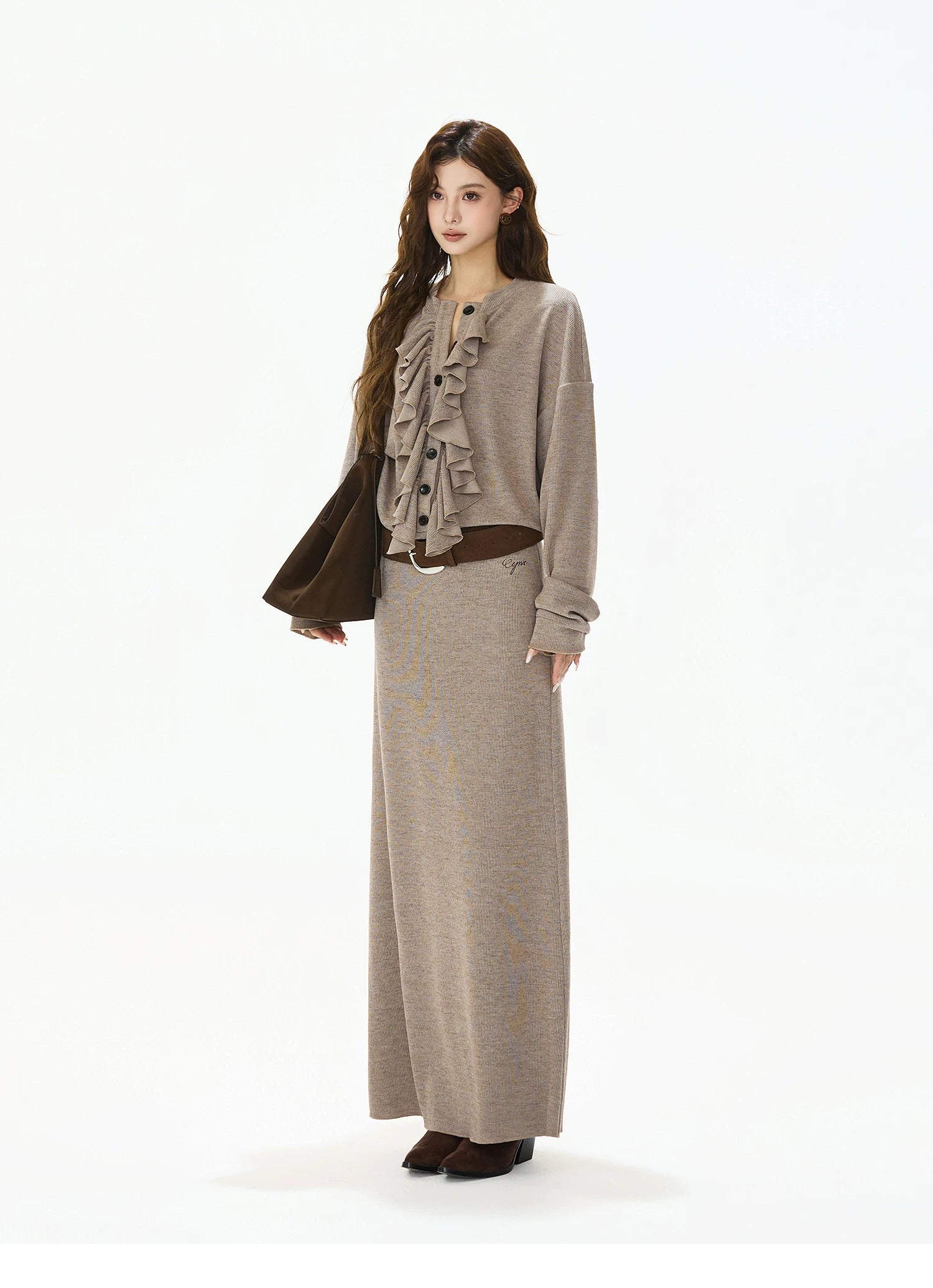 Ruffle-Trim Batwing-Sleeve Knit Crewneck