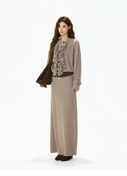 Ruffle-Trim Batwing-Sleeve Knit Crewneck