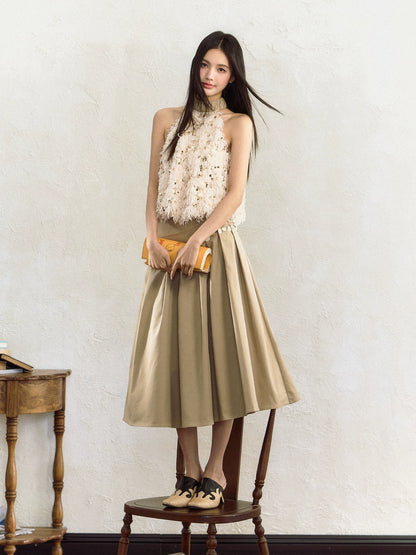 Khaki Sequin High Waist Skirt - CHINASQUAD