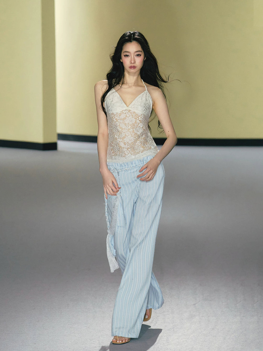 Hand-Braided Drawstring Striped Wide-Leg Trousers