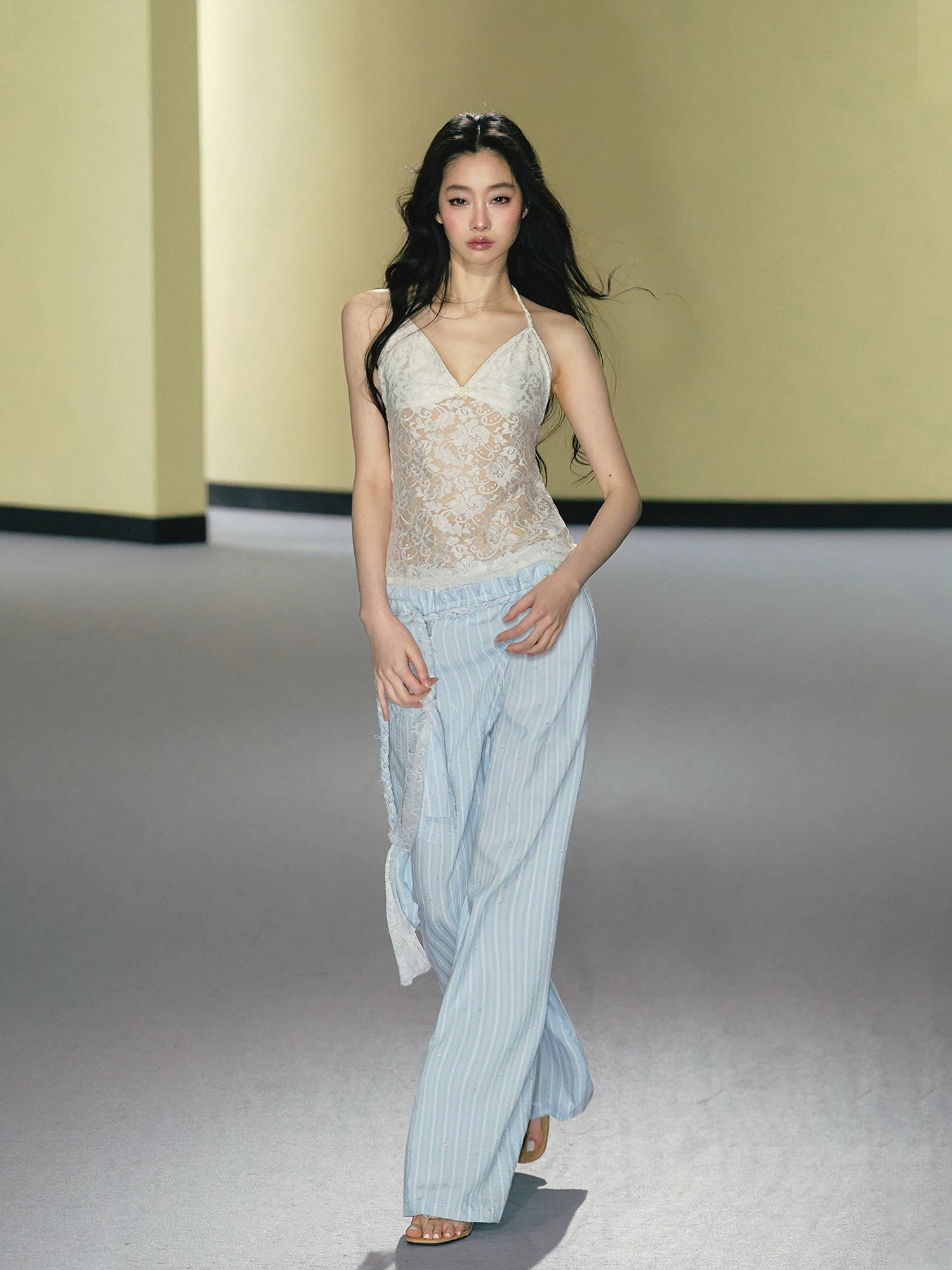 Hand-Braided Drawstring Striped Wide-Leg Trousers