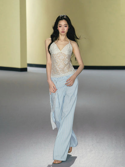 Hand-Braided Drawstring Striped Wide-Leg Trousers