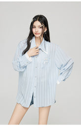 Blue Bow Decor Contrast Collar Shirt - CHINASQUAD