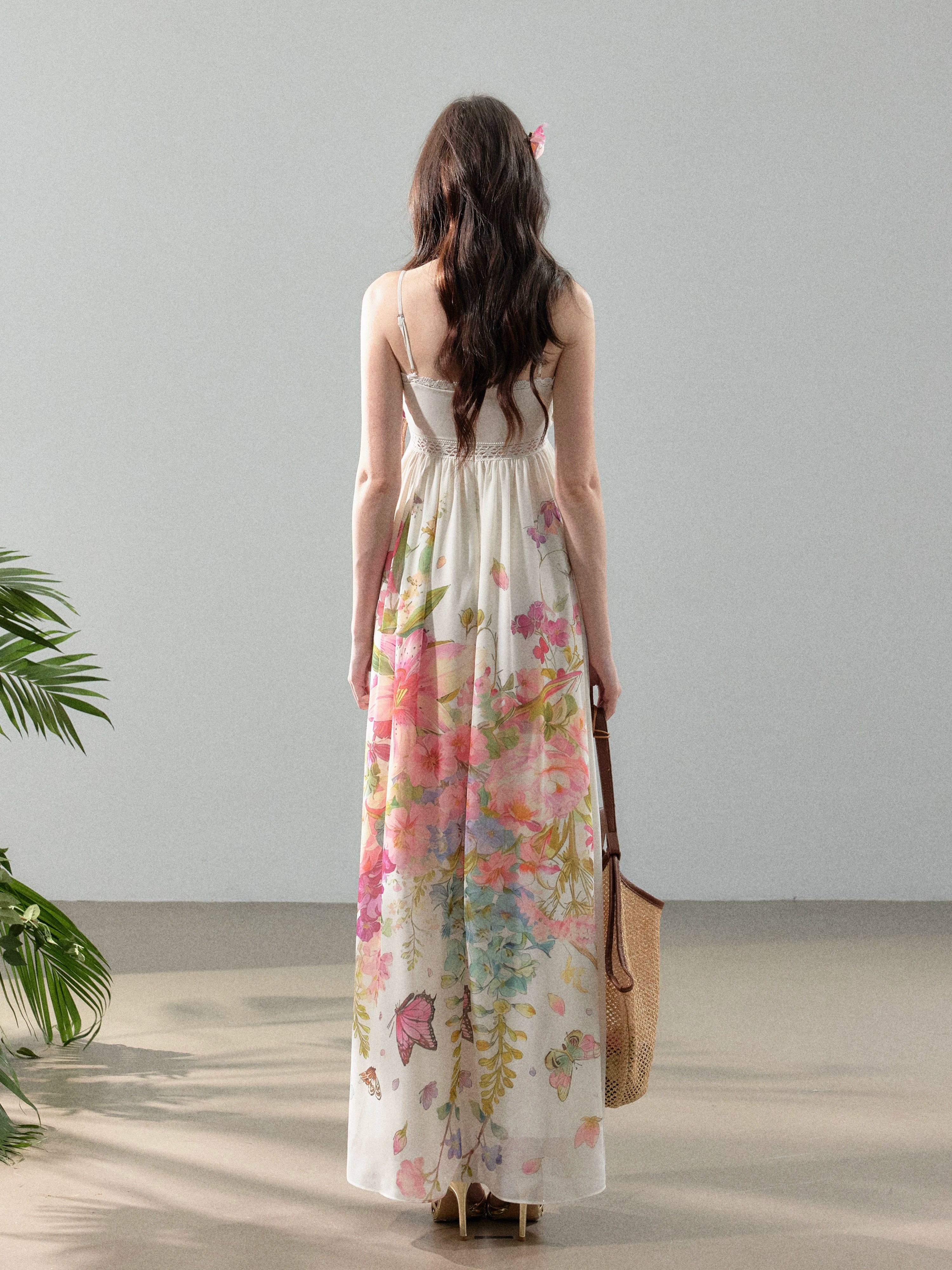 Blooming Vine Floral Chiffon Slip Maxi Dress