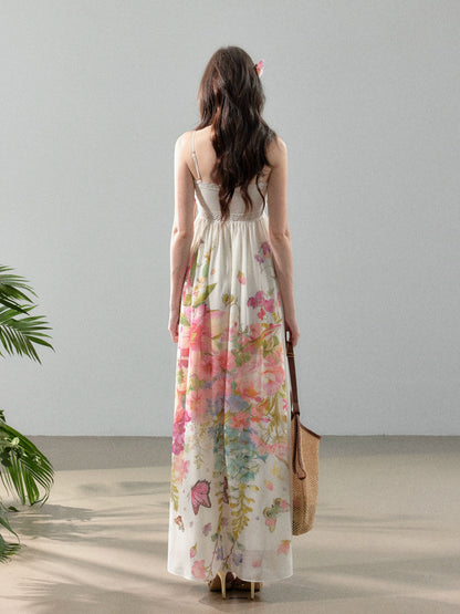 Blooming Vine Floral Chiffon Slip Maxi Dress