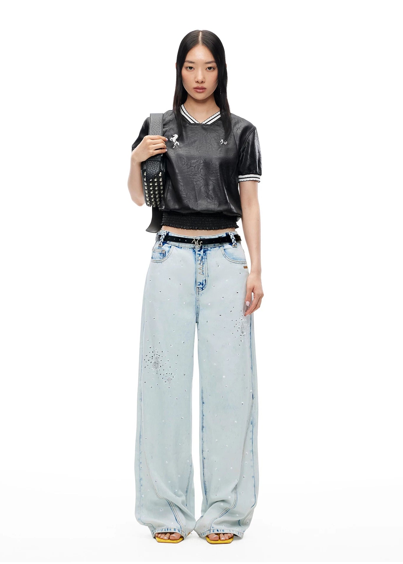 Shimmering Distressed Wide-Leg Jeans