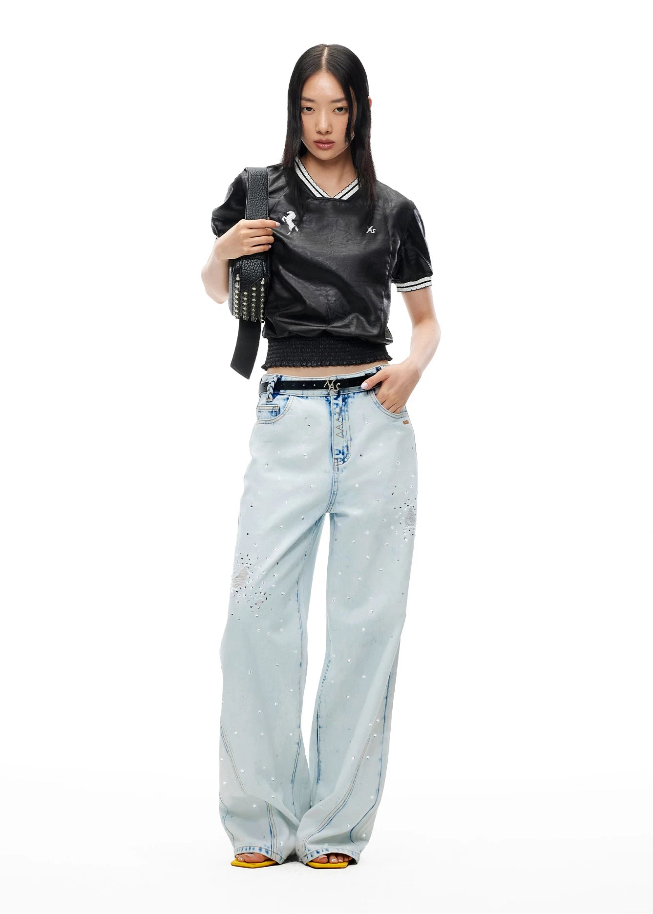 Shimmering Distressed Wide-Leg Jeans