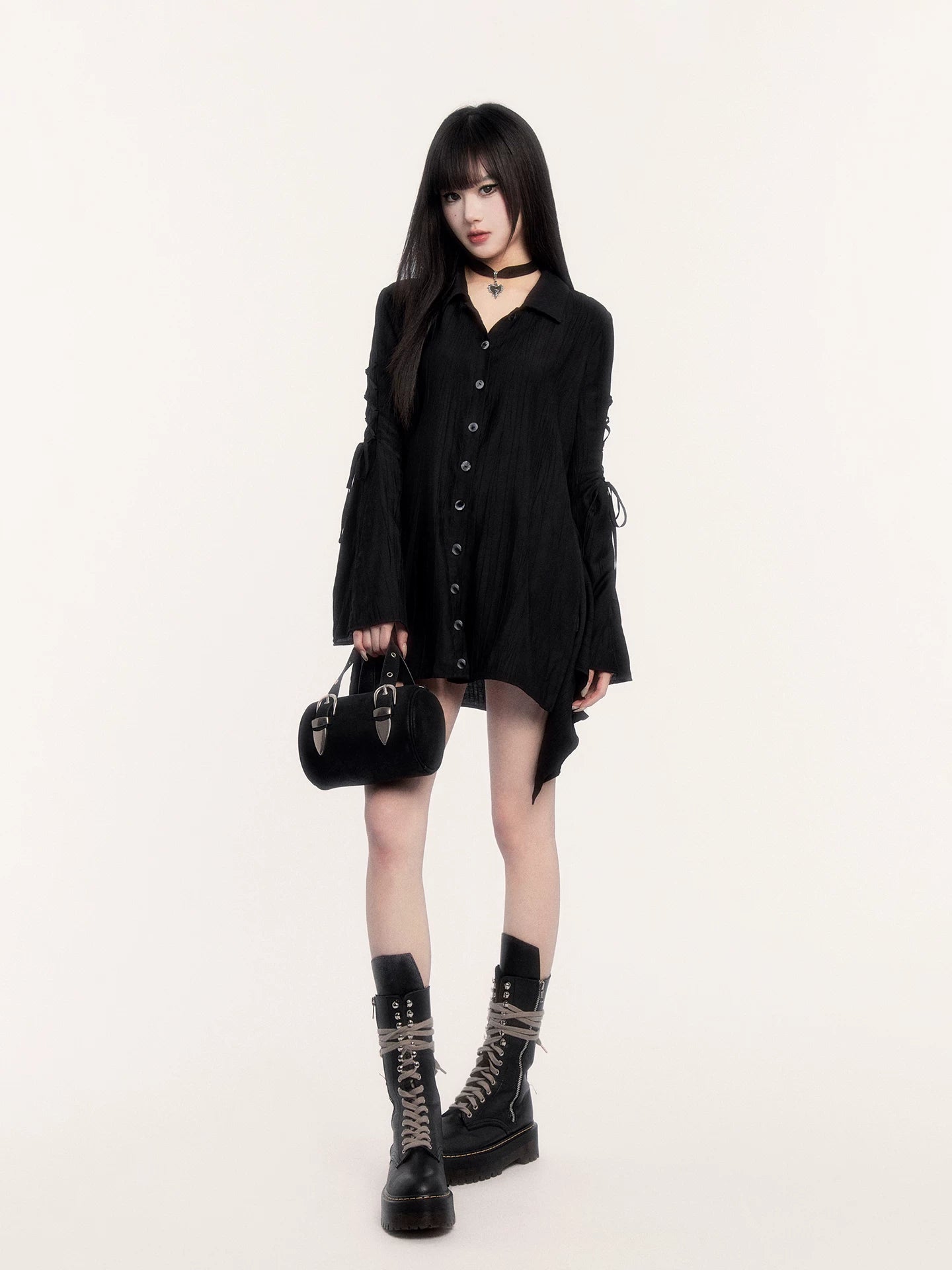 Lace-Up Flared Sleeve Slim-Fit Shirt