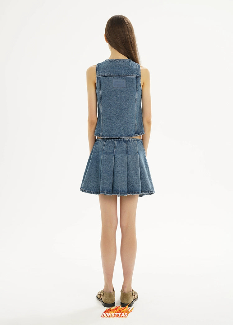 Dark Blue &amp; Light Blue Denim Pleated Skirt - CHINASQUAD