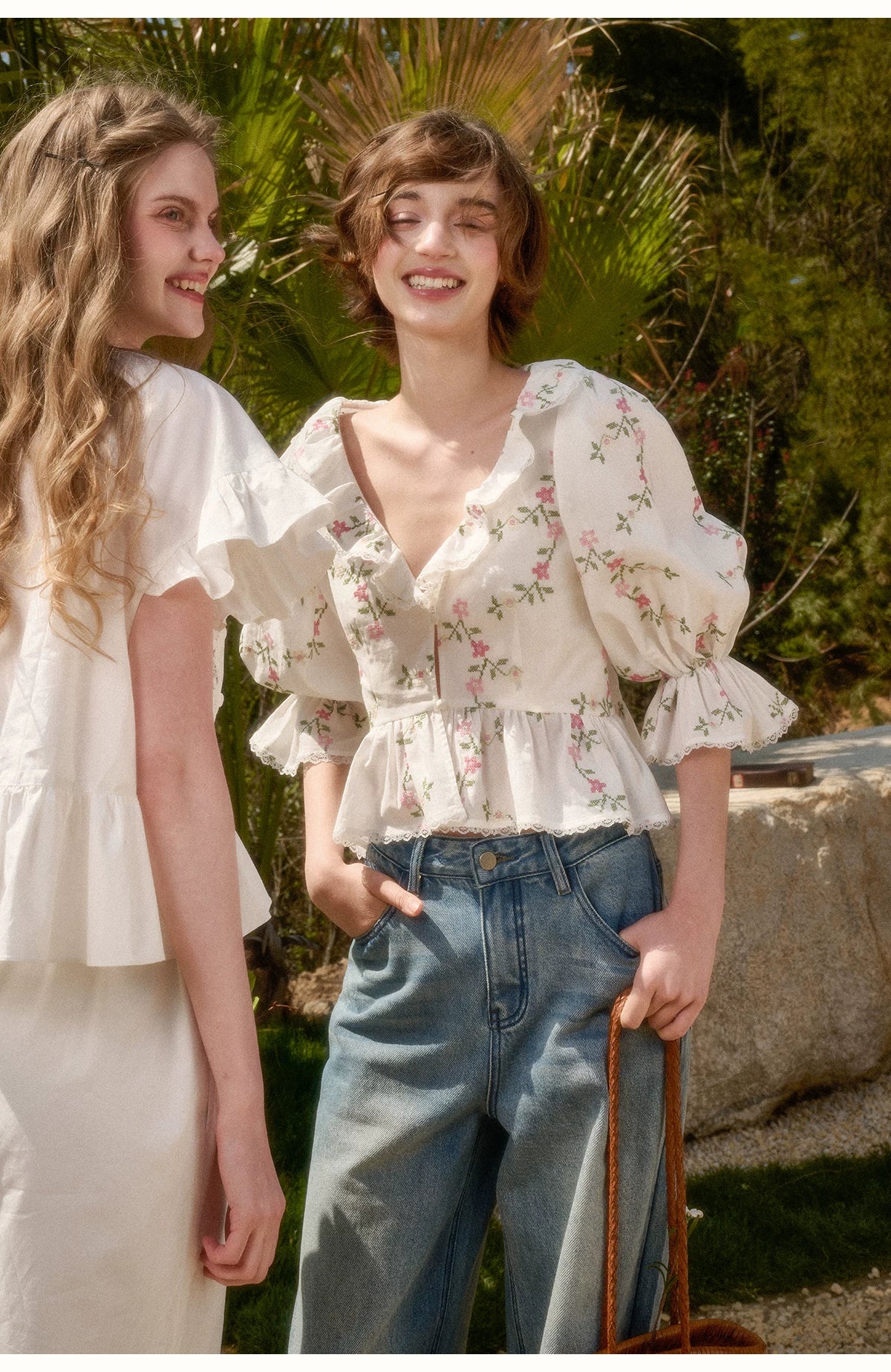 Vintage French Floral Cotton Ruffle Blouse