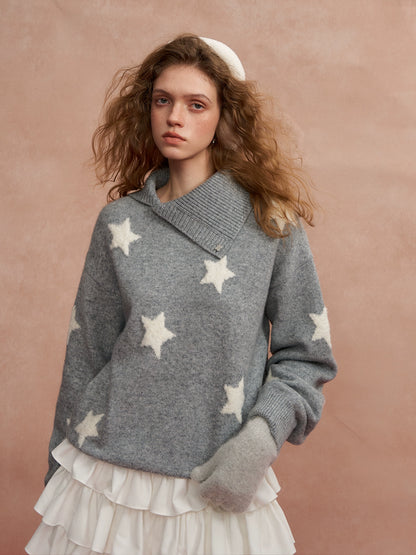 Asymmetric Star-Pattern Knit Sweater