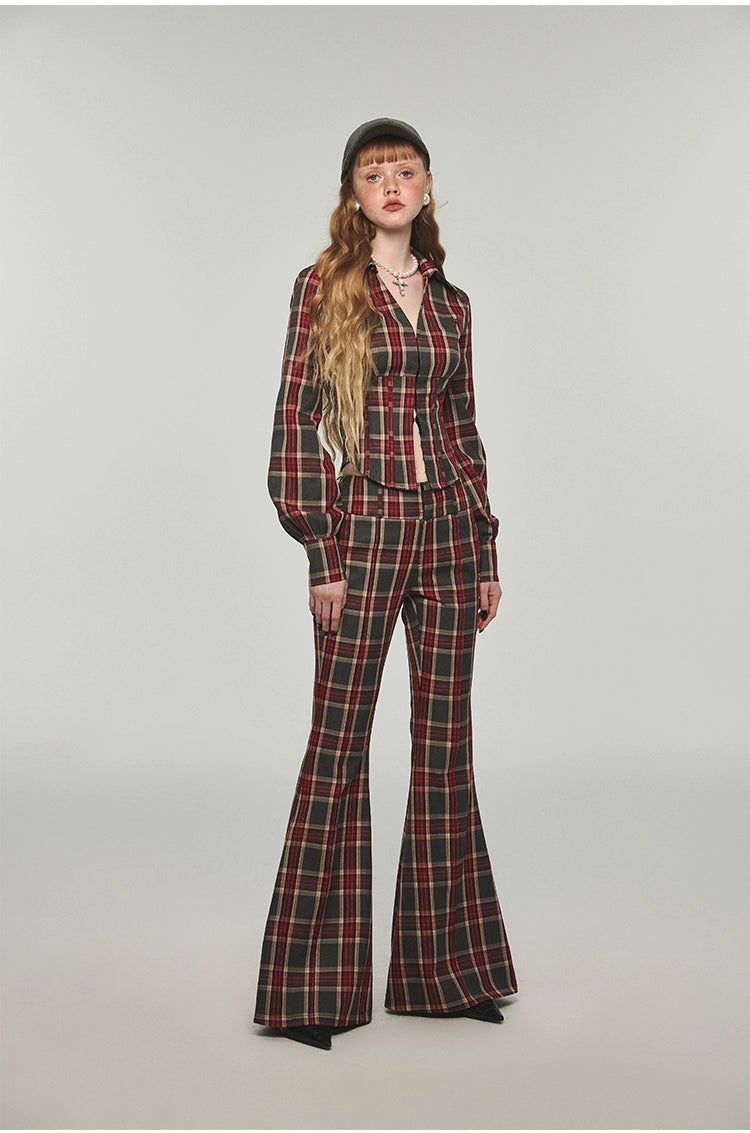 Plaid &amp; Leopard Slim-Fit Flared Pants - CHINASQUAD