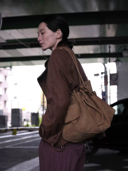 Pebbled Leather Drawstring Cloud Shoulder Bag ECODAY