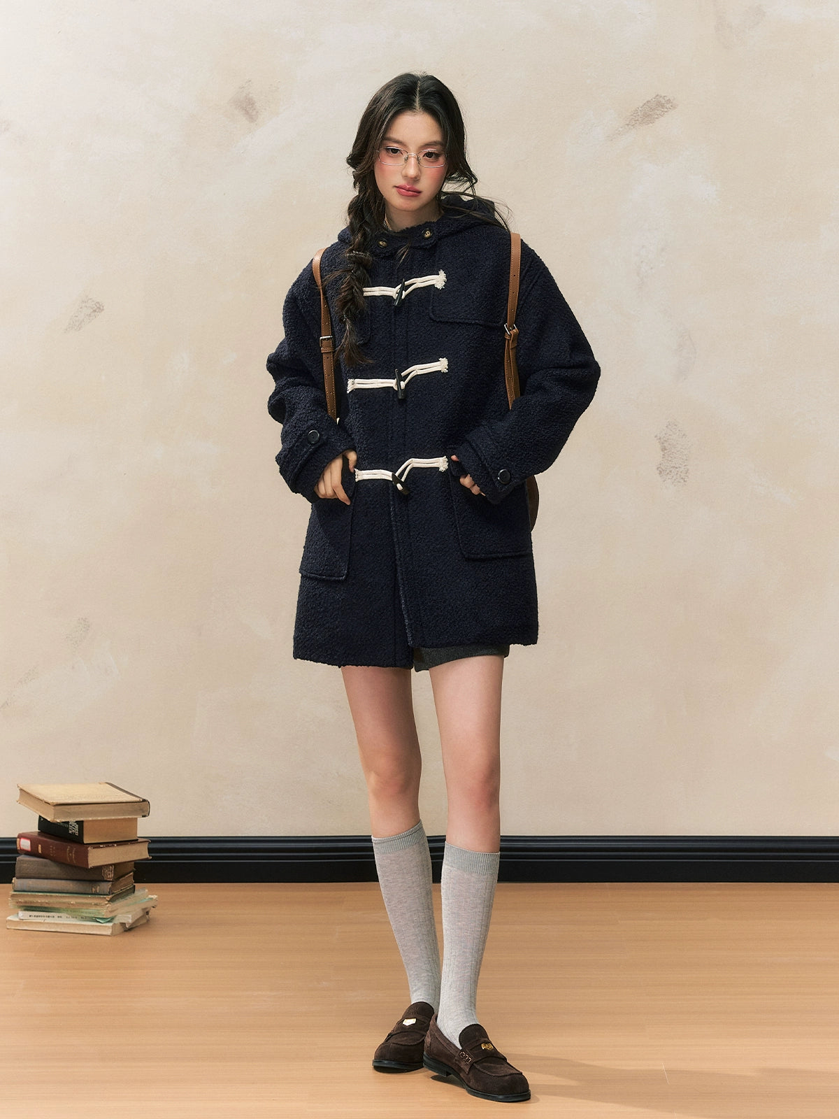 Loose Navy Hooded Woolen Duffle Coat