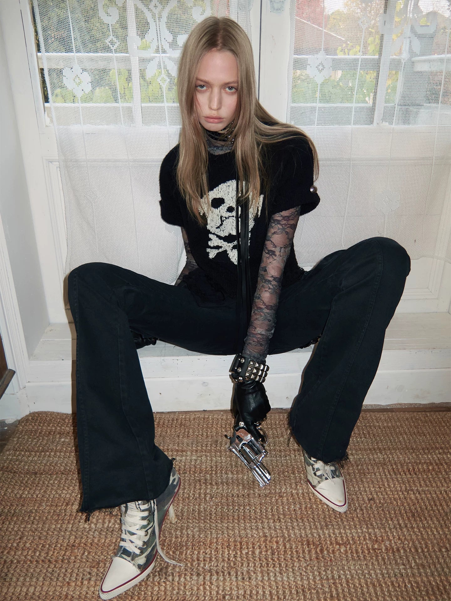 Skeleton Distressed Knit Short Sleeve Top