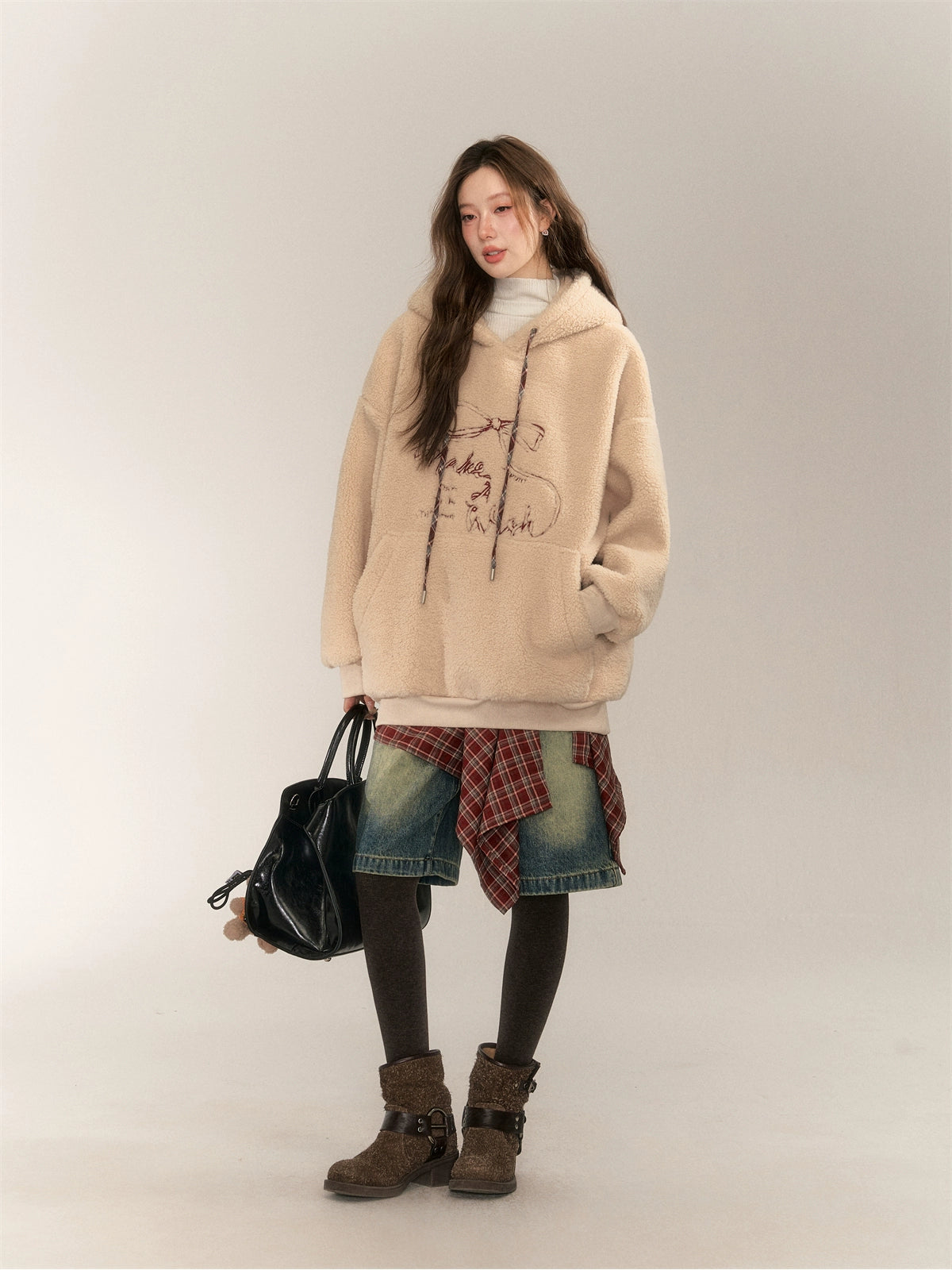 Color Block Bow Embroidery Lamb Wool Hoodie