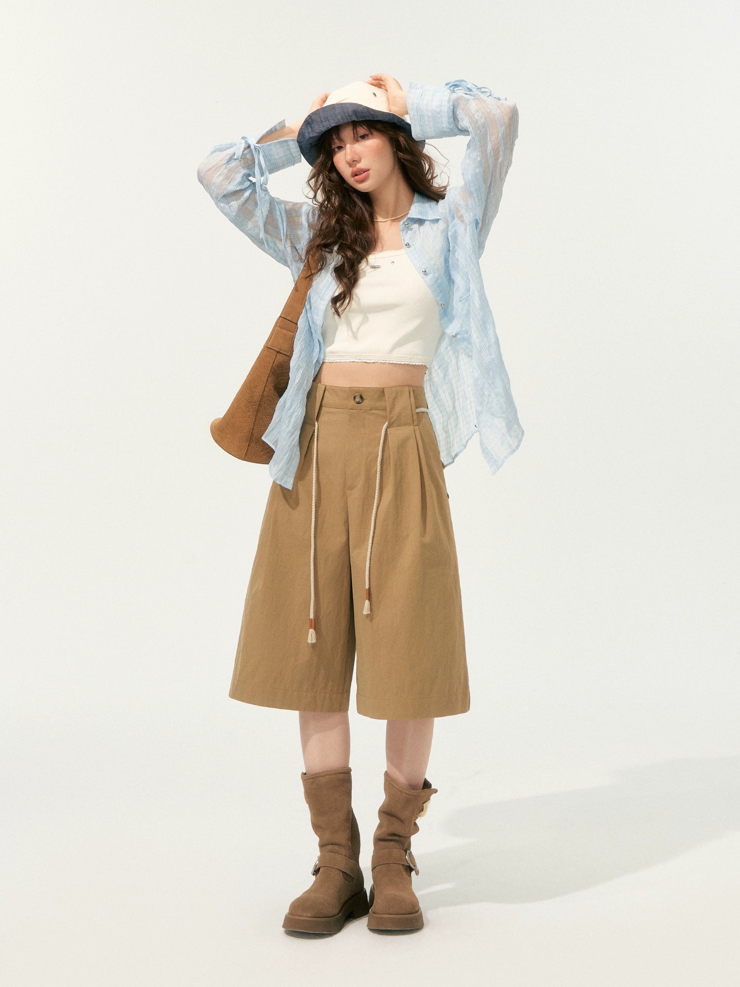 Blue Loose Fit Pleated Sheer Shirt - CHINASQUAD