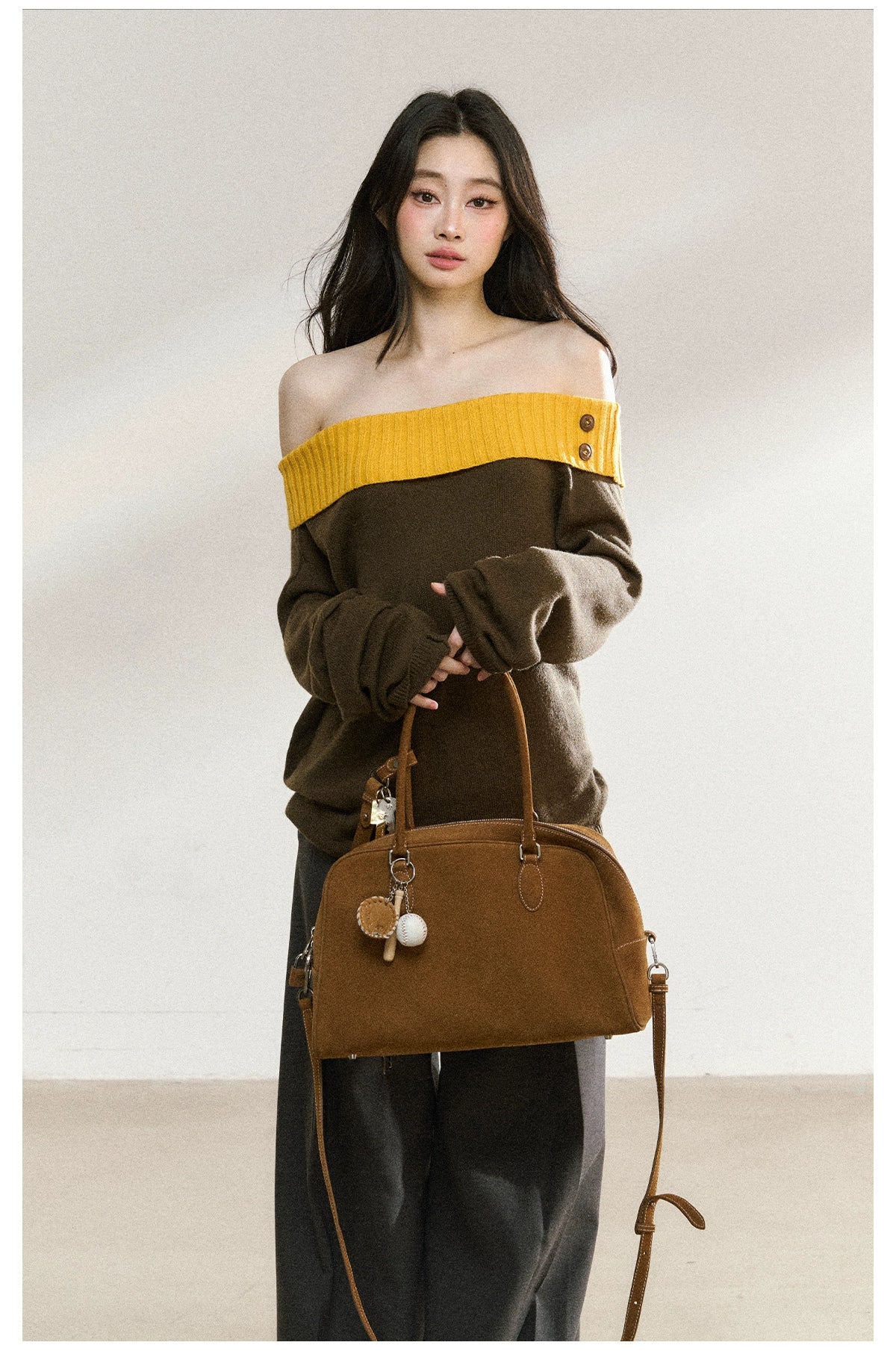 Two-Tone Asymmetric Off-Shoulder Knit Sweater