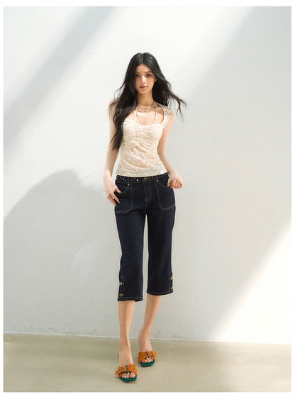 Studded Belt Cropped Denim Pants