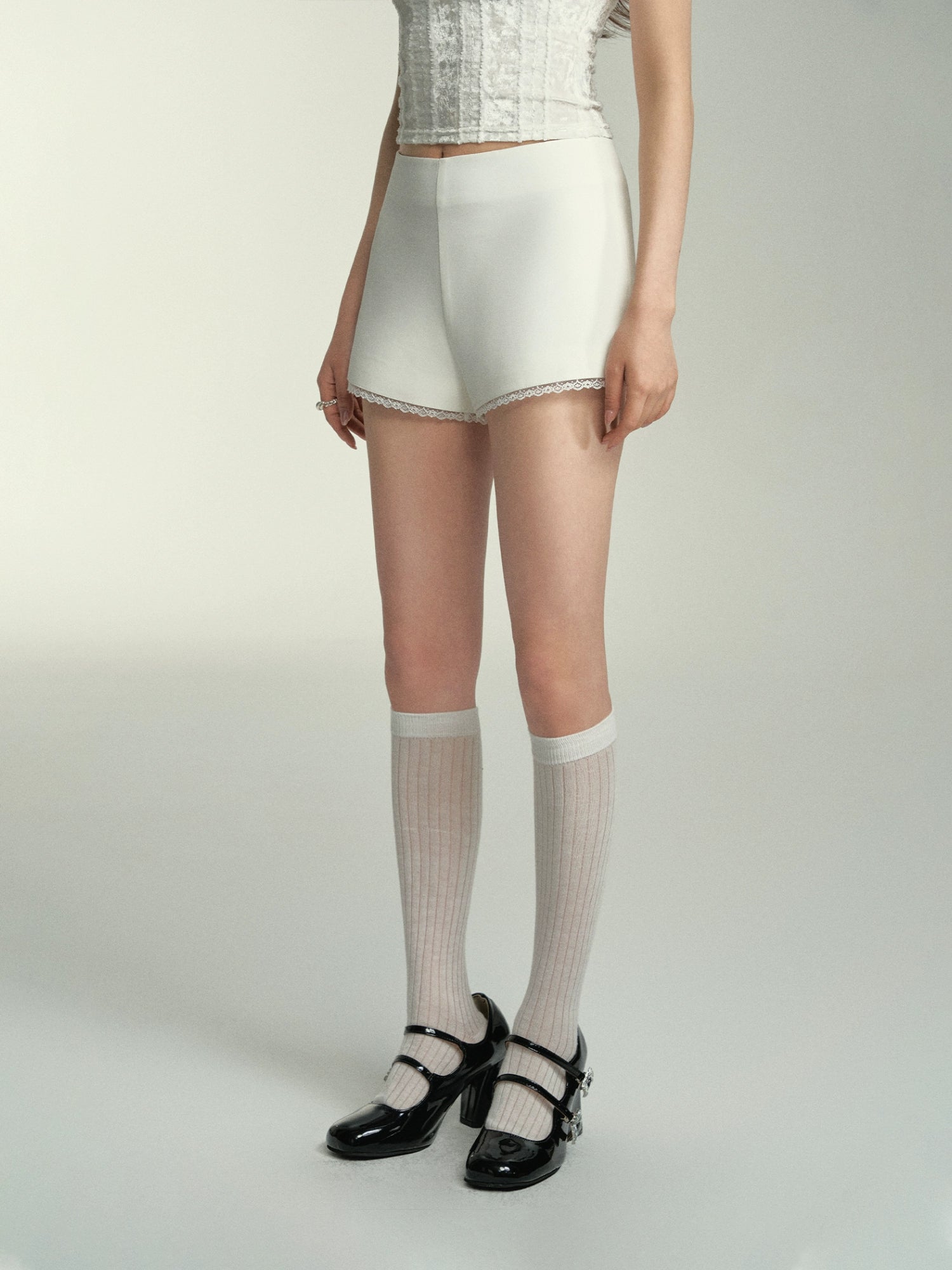 Black &amp; White Lace Spliced Base Layer Shorts - CHINASQUAD