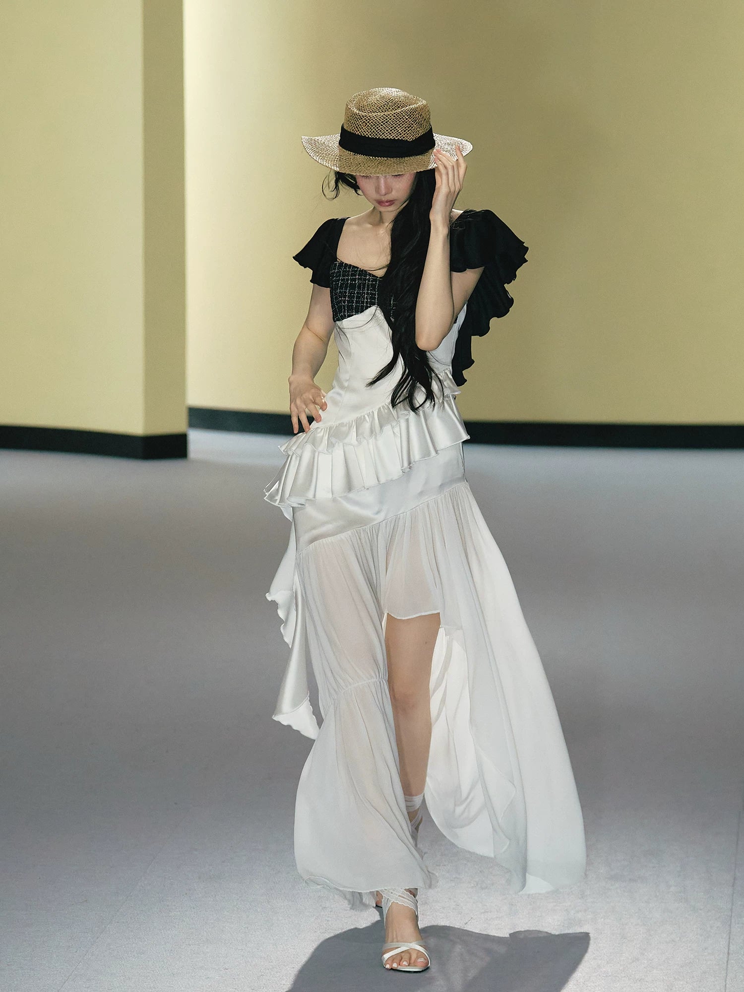 Contrast Tweed Satin Patchwork Maxi Dress