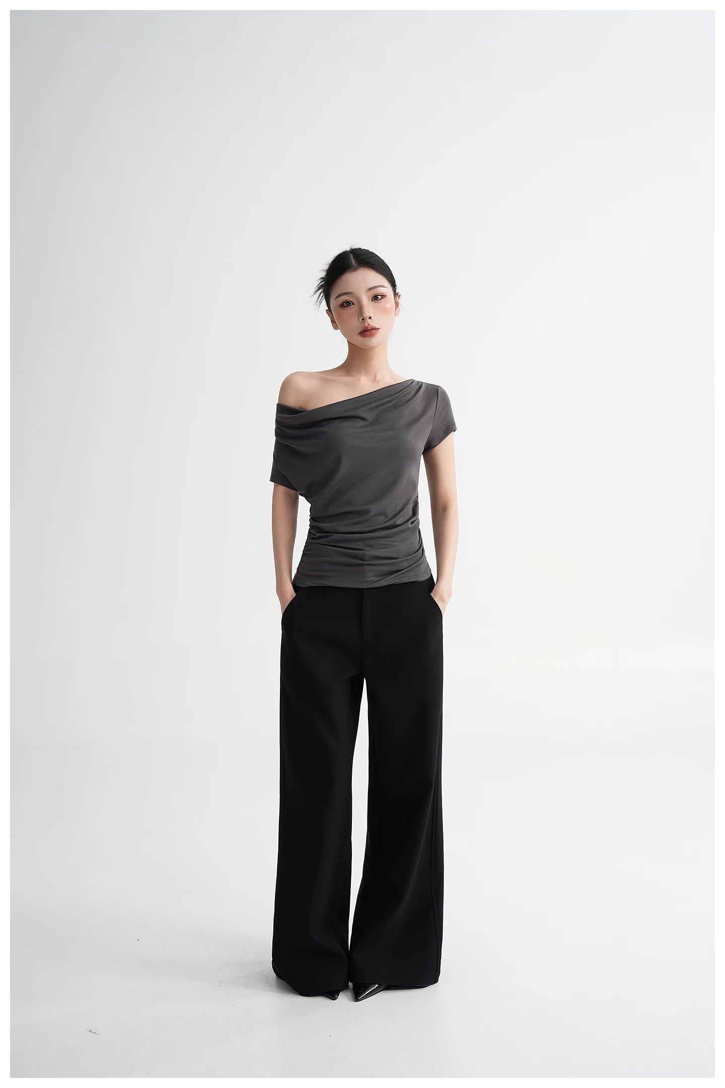 Draped Off-Shoulder Fitted Short Sleeve T-Shirt
