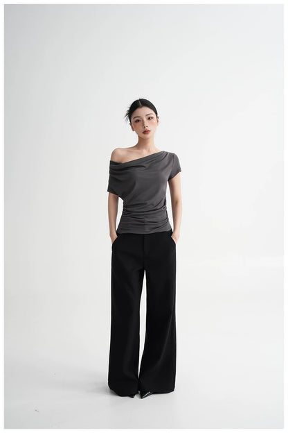 Draped Off-Shoulder Fitted Short Sleeve T-Shirt