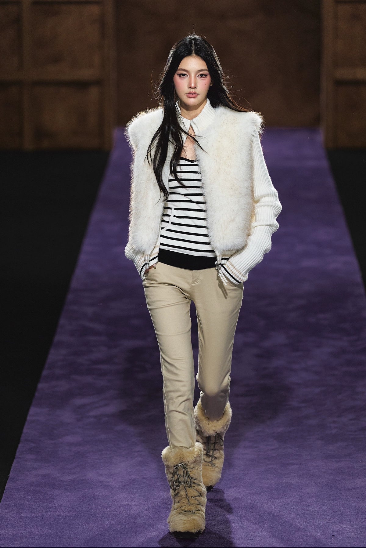 Faux Fur Knit-Panel Two-in-One Cardigan