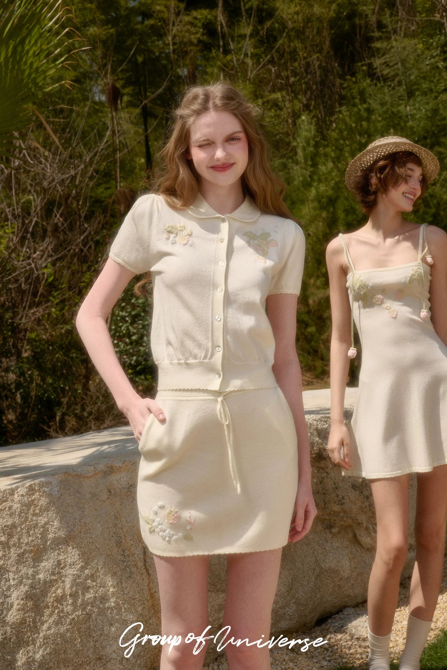 White Strawberry Embroidered Soft Knit Three-Piece Set