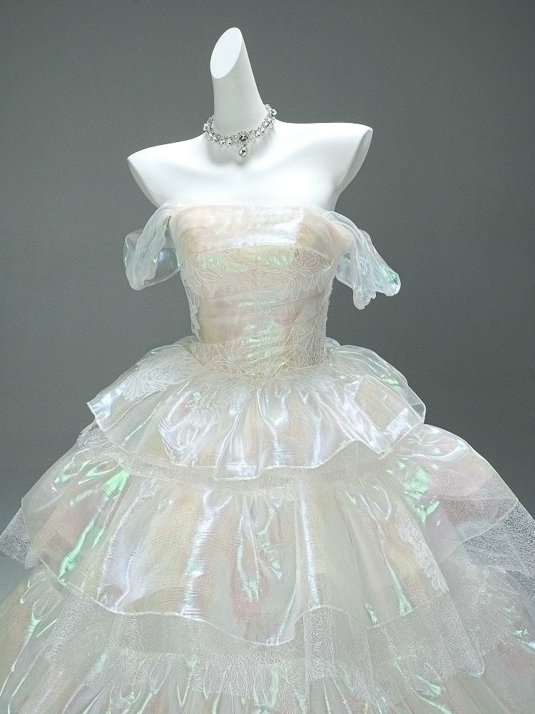 Iridescent Fructose-Sheen Tiered Couture Gown