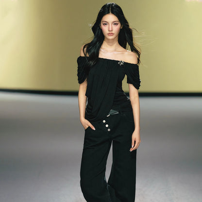 Off-Shoulder Draped Pleated Lyocell Top