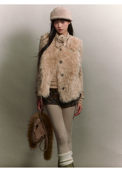 Curly Faux Shearling Brooch Vest