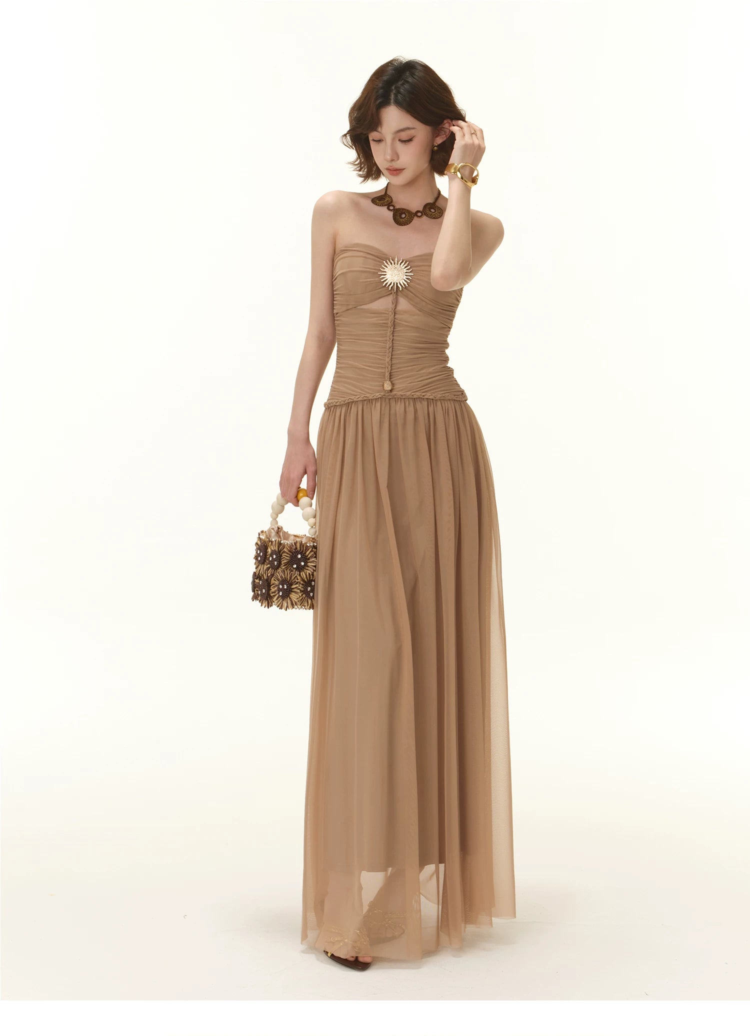 CYNR Greek Goddess Strapless Corset Maxi Dress Brown / M CYNR Greek Goddess Strapless Corset Maxi Dress Brown / M