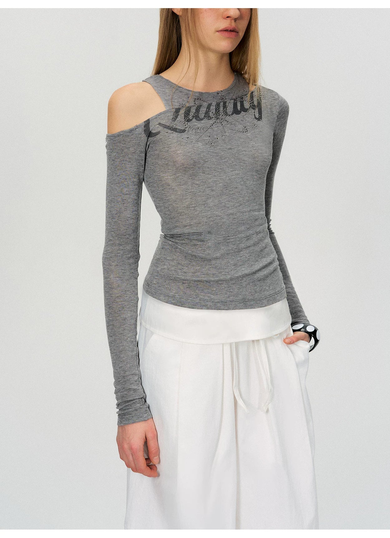 Asymmetric Rhinestone Graphic Cut-Out Slim Fit Top