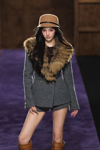Detachable Fur Collar Wool Tailored Blazer &amp; Shorts Set