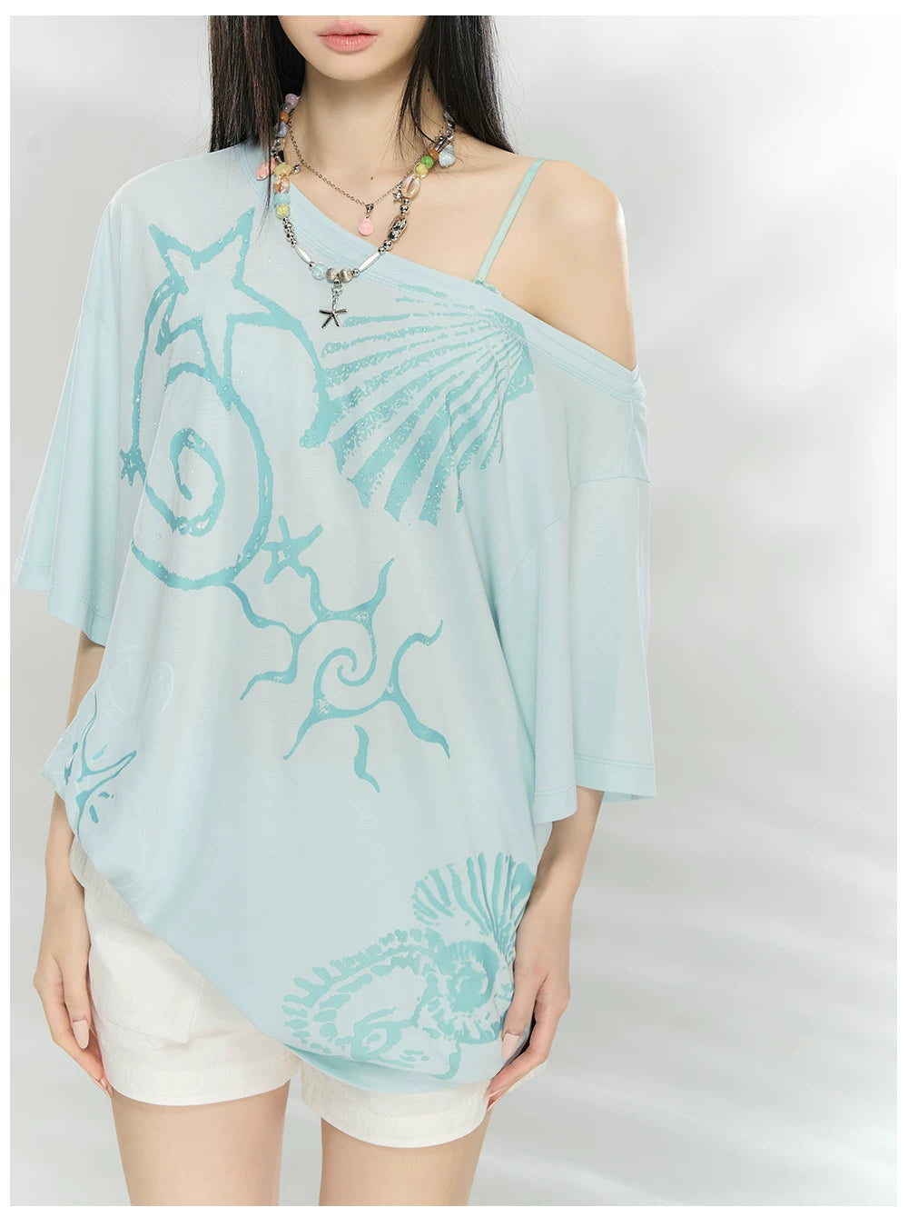 Ocean Print Asymmetric Oversized Modal T-Shirt