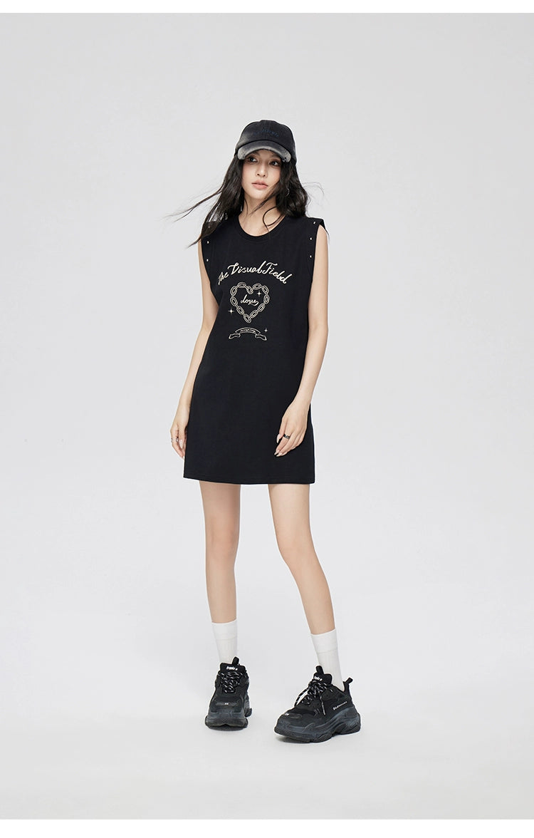 White &amp; Black Love Pattern Sleeveless Dress