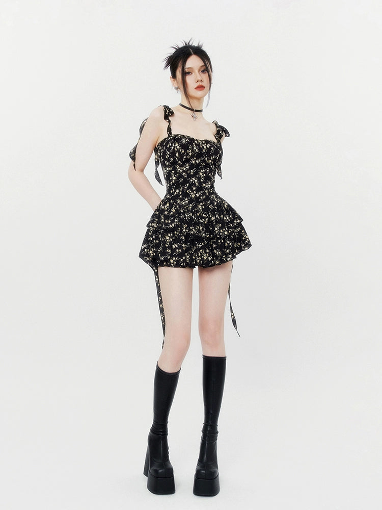 Black French Floral Waist-Cinching Dress