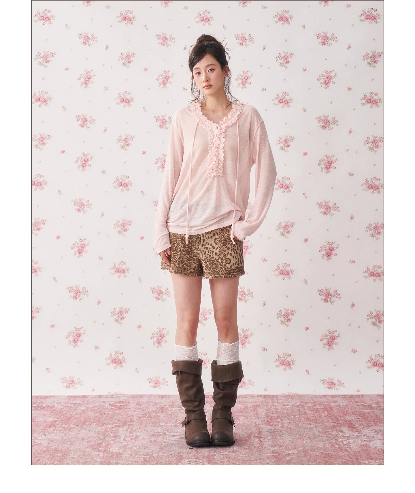 Ruffle Drawstring Sheer Knit Sun-Protective Long Sleeve Top