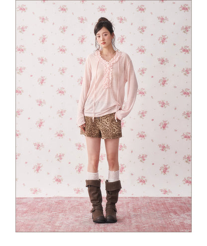 Ruffle Drawstring Sheer Knit Sun-Protective Long Sleeve Top