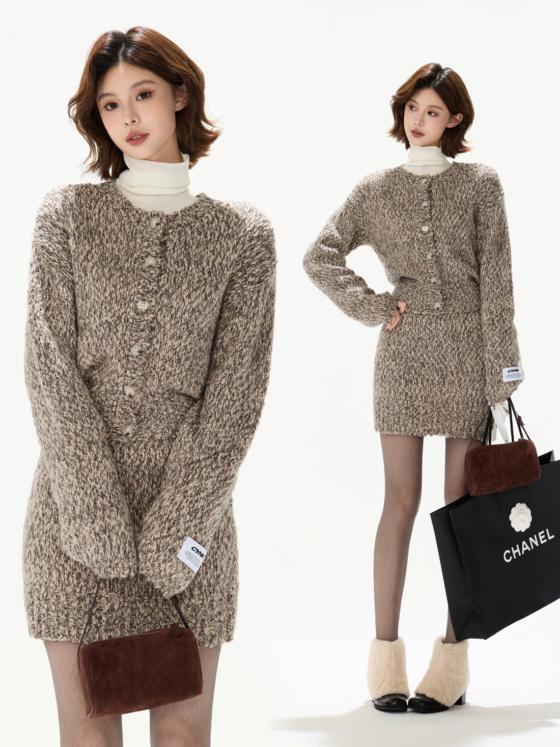 Wool Knit Cardigan &amp; Mini Skirt Set