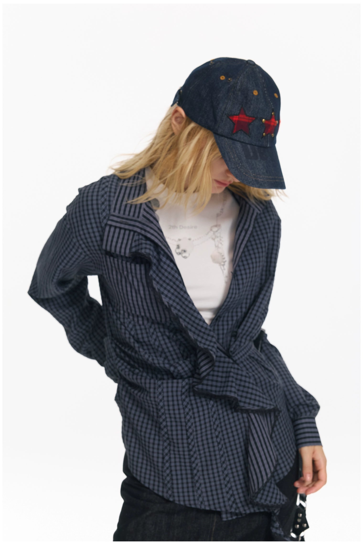 Embroidered Plaid Ruffle-Edge Shirt